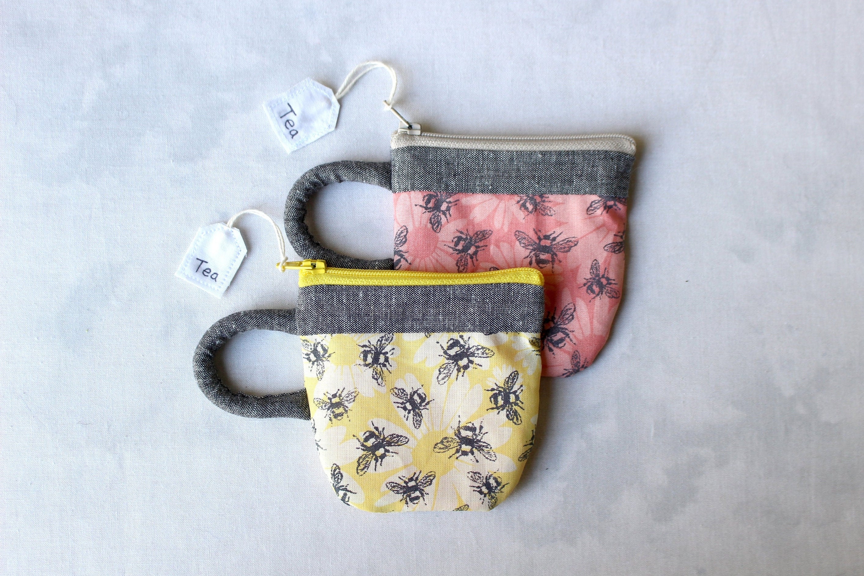 Teacup Pouch Daisy Bees, Yellow Pink Bug, Jewelry, Zip Pouch, Coin