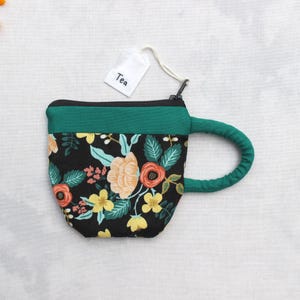 Teacup Pouch Floral, Rifle Paper Company fabric, Handmade Zipper Bag, Small Coin Pouch, Earbud Pouch, Best Friend Gift Mom, green accent