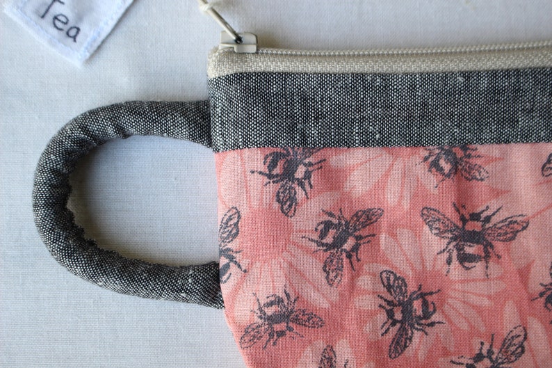 Teacup Pouch Daisy Bees, Yellow Pink Bug, Jewelry, Zip Pouch, Coin