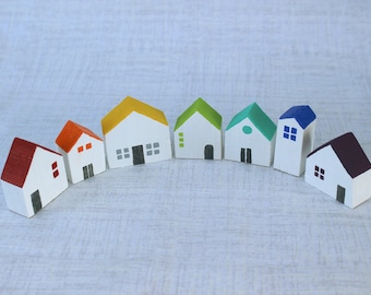 Rainbow Tiny Houses 7 Pieces, Mini Home Decor Gift, Handmade Handpainted Wooden House, Miniature Wooden Village, Mini Handpainted Village