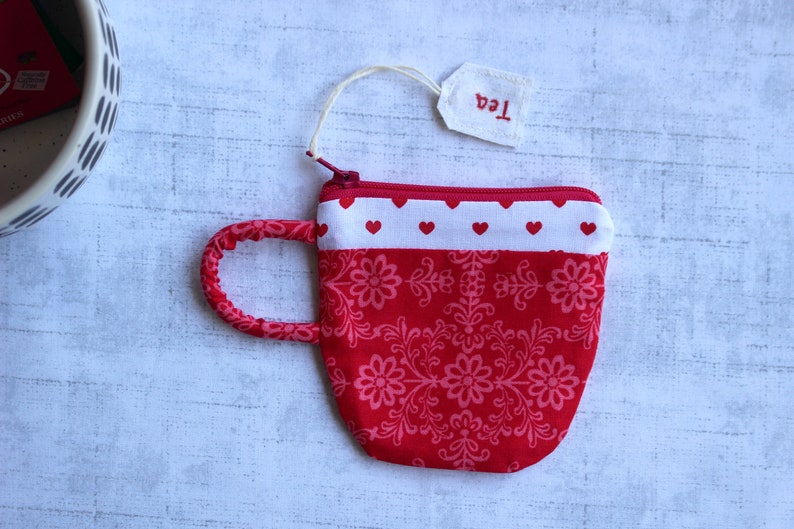 Earbud Pouch Small Zipper Pouch Gift For Mom Coin Purse Love Gift For Her Teacup Pouch Red Floral Hearts Tea Gift Best Friend Gift