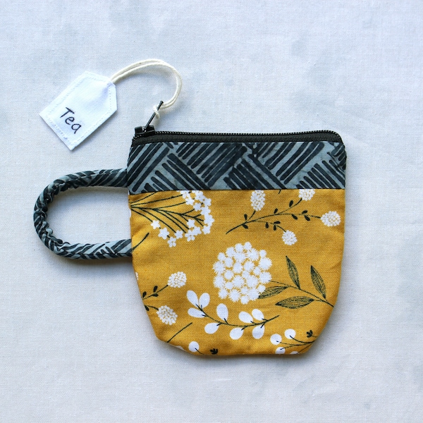 Teacup Pouch, Yellow Gold Floral, Navy Blue, Tea, Jewelry, Zip Pouch, Coin Purse, Teabag Holder, Gift, Earbud Pouch, Gift For Her, Mom Gift