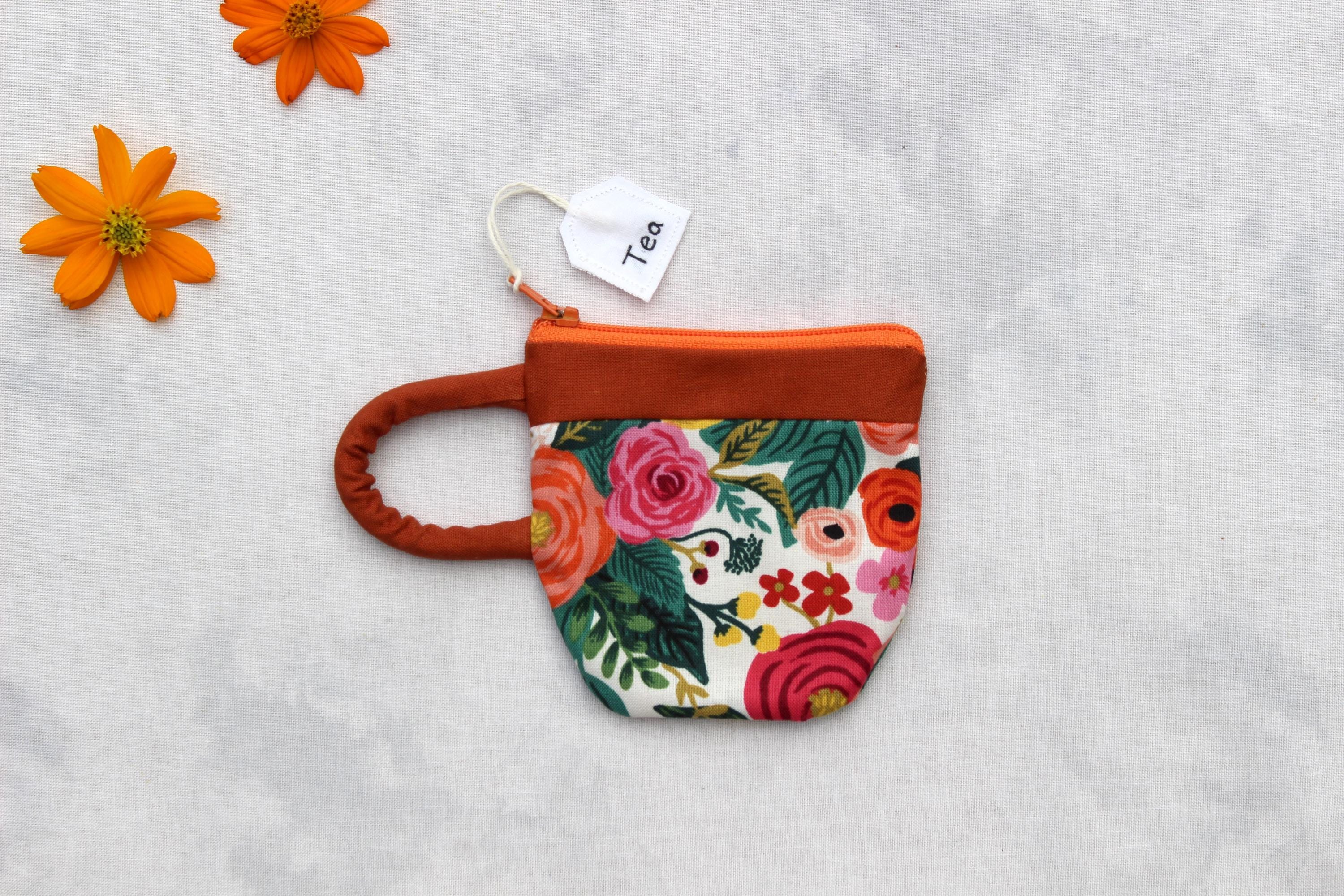 Teacup Pouch Floral, Rifle Paper Company fabric, Handmade Zipper Bag, Small Coin Pouch, Earbud Pouch, Best Friend Gift Mom, rust orange