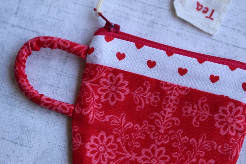 Earbud Pouch Small Zipper Pouch Gift For Mom Coin Purse Love Gift For Her Teacup Pouch Red Floral Hearts Tea Gift Best Friend Gift