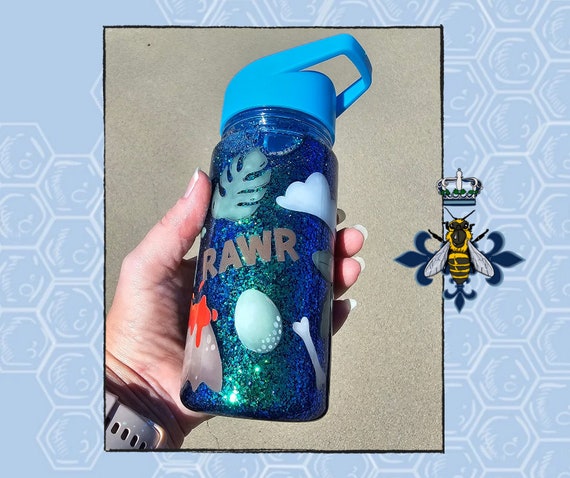 12 oz Acrylic Boys Dinosaur Snowglobe water bottle, colorshift blue and green glitter, glitter, snowglobe, kids drinkware, hydro lid,