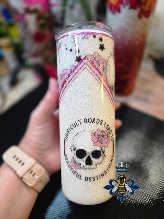 20 Oz  Stainless Steel Tumbler, Difficult Roads Lead to Beautiful, Destinations,Skullie, Floral, Vinyl, Elegant, Gift Idea, Free Shipping