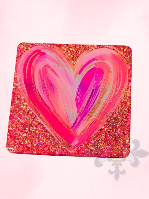 4" Coaster, Bright Pink, , White, Purple, Heart Decal, Floral, Valentines, gift, Mother's Day
