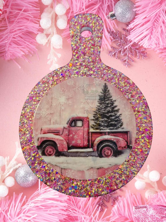 Pink Christmas Truck Coaster round pink gold glitter decal resin 4.75 inches hangable free shipping