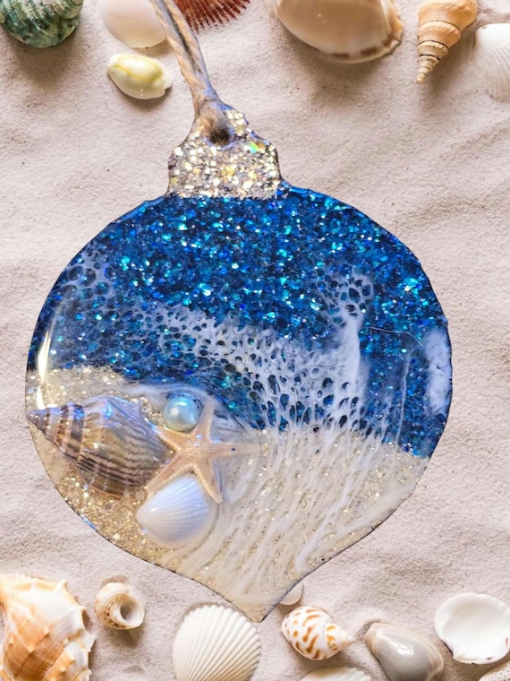 Epoxy Ocean Ornament, shells, glitter, ocean waves, acrylic blank