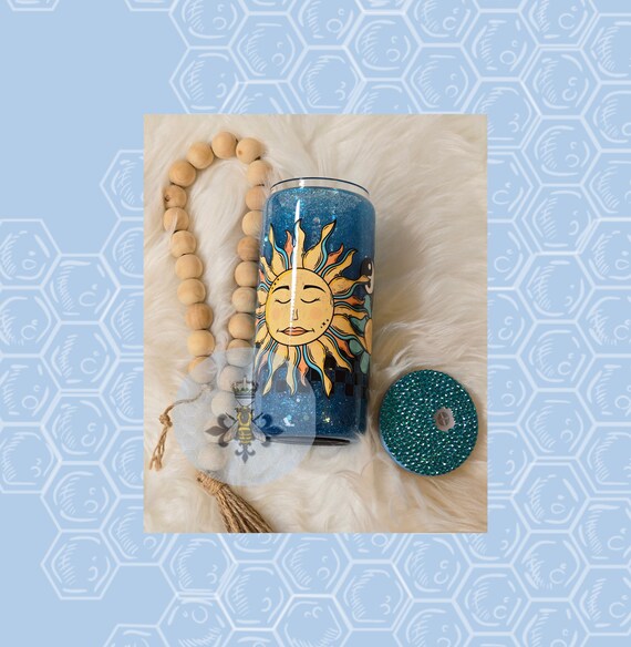 16 Oz drinkware glass snowglobe glitter tumbler  Mystical Sun Blue Glitter and Rhinestone Mothers Day Gift gift idea Mystical Ying/Yang