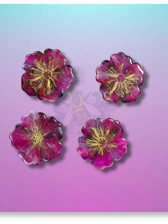 Four 5" Flower Alcohol Ink Coaster Set Pink, Purple, Gold, White, and Sparkle