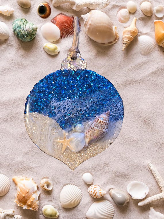 Epoxy Ocean Ornament, shells, glitter, ocean waves, acrylic blank