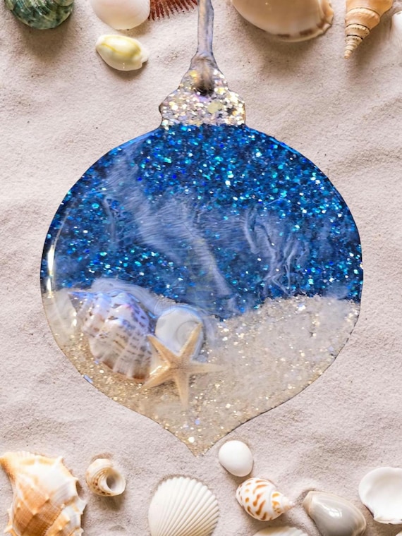 Epoxy Ocean Ornament, shells, glitter, ocean waves, acrylic blank
