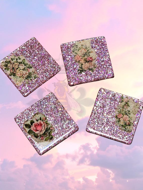 Set of Four Pink Glitter Coasters Decals
