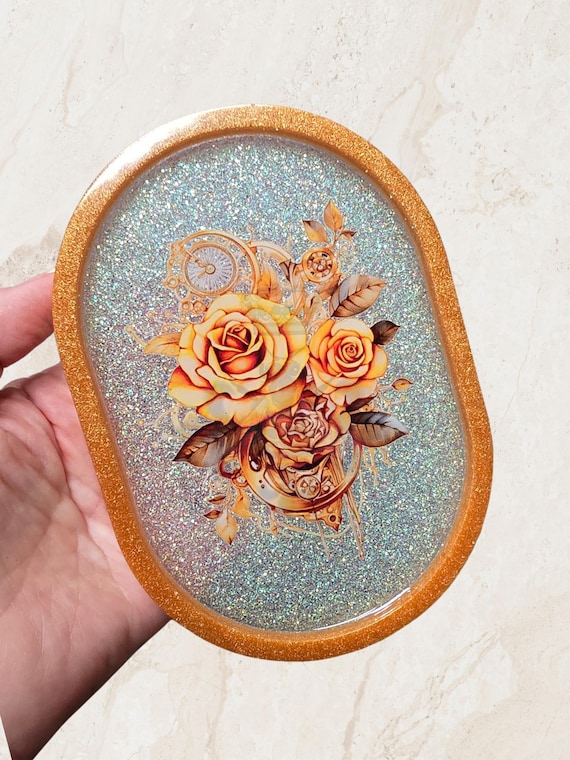 Steampunk Rose Trinket Tray, Gold Mica Rim, Glitter Base