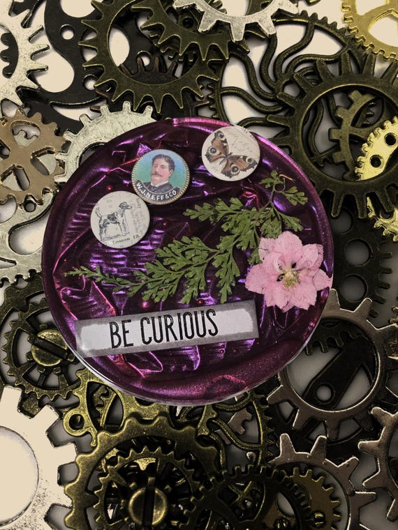 4 × 2 inch coaster Be Curious buttons dried flowers paperweight bumpers 2 inchs deep
