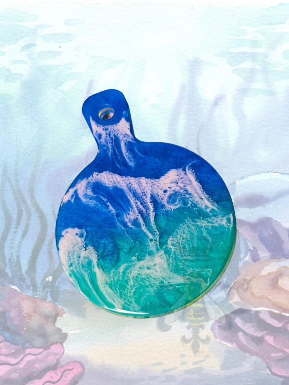 Ocean Wave  4× 5.50 ince round hangable Coaster, Aqua, Blue, White bumpers