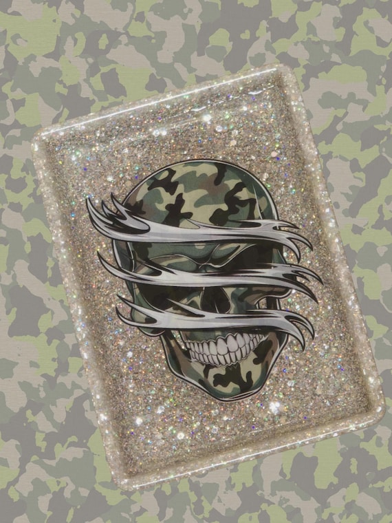 Silver Holographic Glitter Tray, Camo Skull Decal, Man's Catch All
