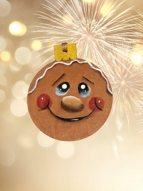 Gingerbread Christmas Ornament 3.75 inches Wooden Base Handpainted Signed Free Shipping
