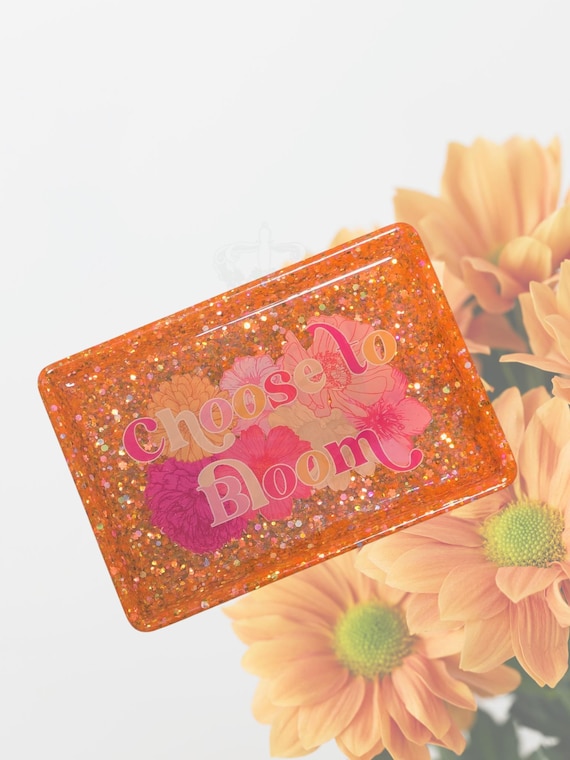 Orange Glitter Trinket Dish, Floral Decal, Catch All Tray