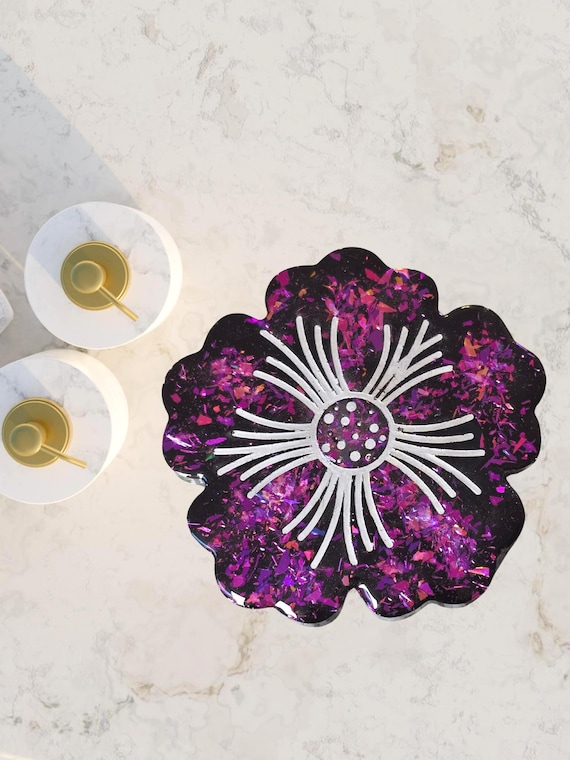 Black Flower Coaster with Chameleon Flakes and Silver Detail
