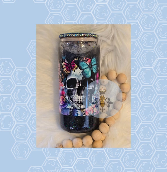 16 Oz drinkware glass snowglobe glitter tumbler  Skullie, Skull, Glitte,r uvdtf decal, gift, gift idea, rhinestone, rhinestone lid
