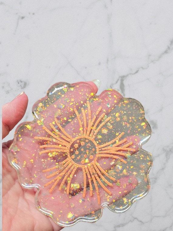 Flower Coaster Ckear and Copper with Chameleon Flakes 4.50 inches free shipping