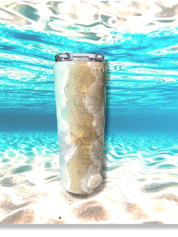 Handpainted Ocean Tumbler: Glitter Sand Dollar & Starfish, 20 oz