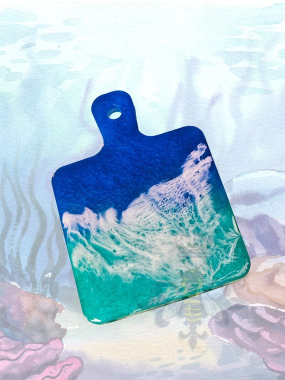 Ocean Wave 4×5 inch resin coaster hangable  pads on back handwash only with a soft cloth and mild soap