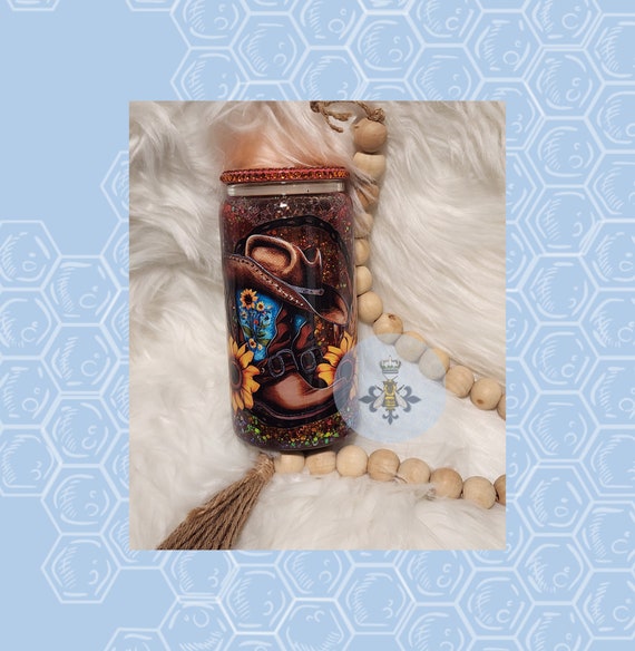 16 Oz drinkware glass snowglobe glitter tumbler  Western Chameleon Glitter and Rhinestone Mothers Day Gift gift idea Southwest Cowgirl