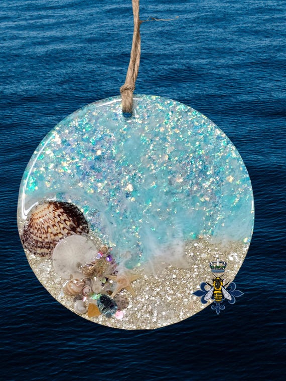 Epoxy Ocean Ornament, shells, glitter, ocean waves, three inches diameter