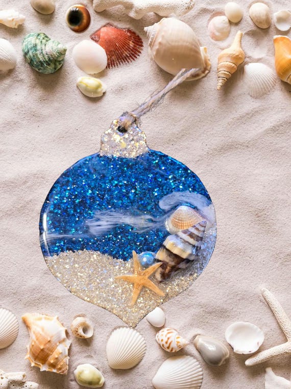 Epoxy Ocean Ornament, shells, glitter, ocean waves, acrylic blank