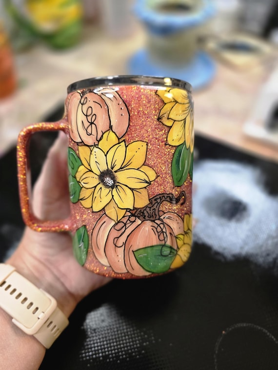 14oz, Stainless Steel, Coffee Mug, Handpainted, Sunflowers, Pumpkins, Glitter, Gift idea, Fall, Free Shipping