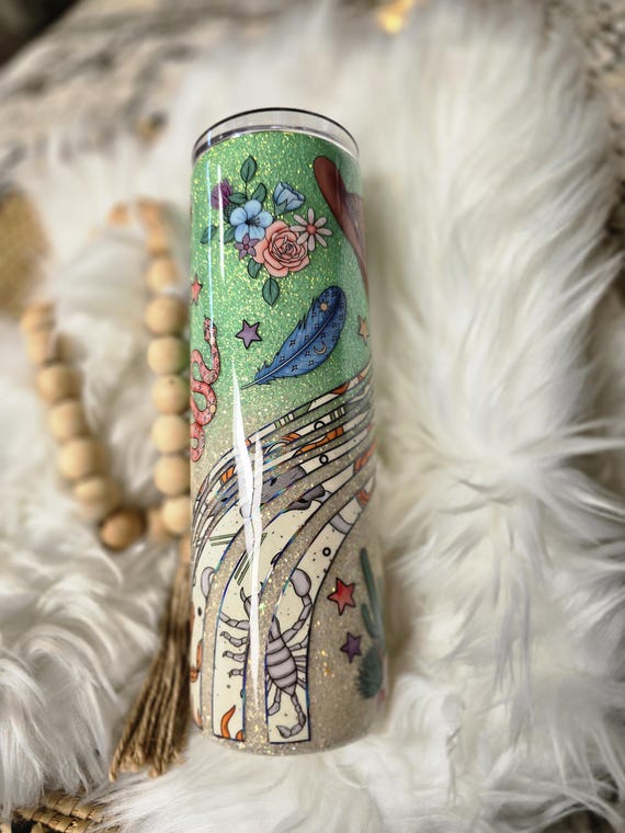 30 Oz Southwest Glitter Ombre Tumbler, Specialty Glitter, green,off white, swirl Tumbler, gift, Gift Idea, Western Theme