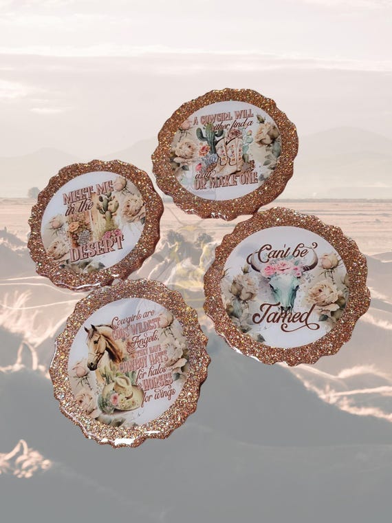 Western Coasters, Copper Glitter Geode Style with Sayings