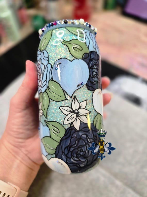 16oz Glass Can, handpainted, glitter, rhinestone, rhinestone accents, handmade, Christmas, Ornaments, rhinestone lid, gold, green