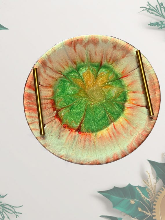 Decorative Tray, 11.75 inches Round Tray with two 6 inch handles, red, white, green, gold