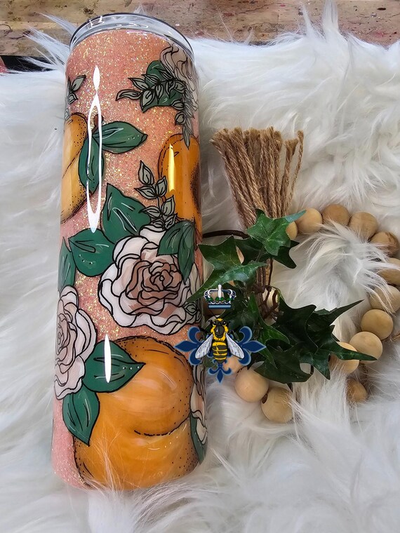 30oz Stainless Steel, Glitter, Peach, Roses, Handpainted, one of a kind, Gift Idea, Spring, Summer, Fall Tumbler, drinkware, Free Shipping