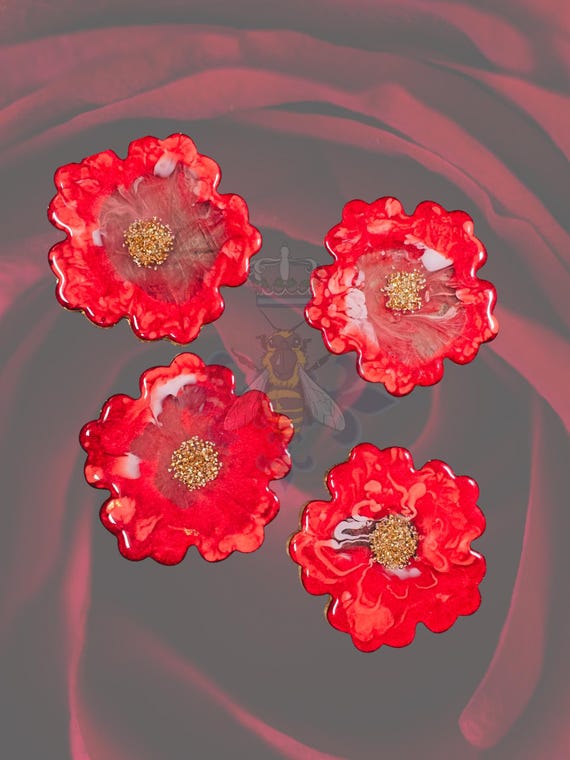 4 - 4.50 inch red flower coasters with gold border free shipping