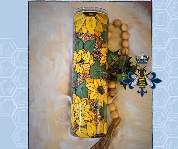 35 Oz Stainless Steel Tumbler, Acrylic Painted Sunflowers, Sunflower Vinyl, Duo Hydrosport, Glitter, Vinyl Striping