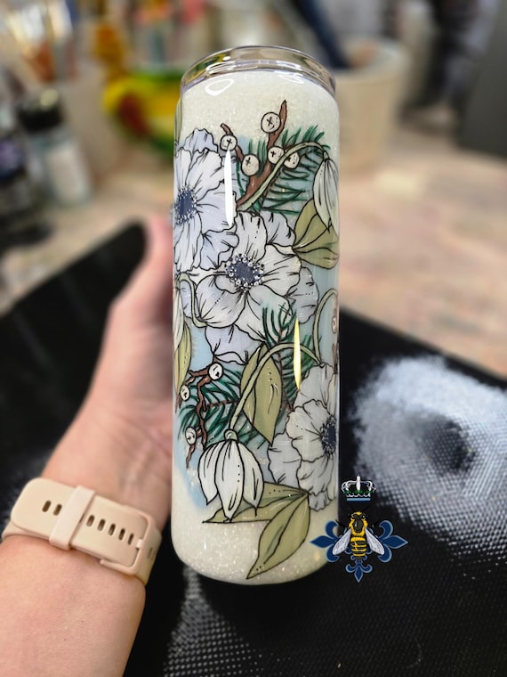 20oz Stainless Steel, Glitter, Handpainted, Anenome, snowdrop, snowflakes, one of a kind, Gift Idea, Tumbler, Winter