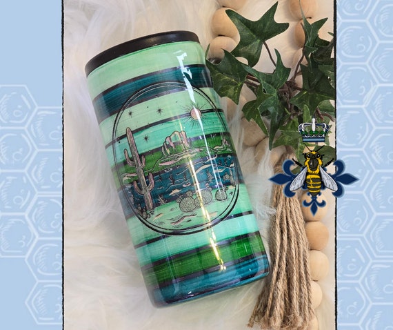 Dual Lid Can Coozie Serape, Green, Western, Southwest, sparkle,markdown