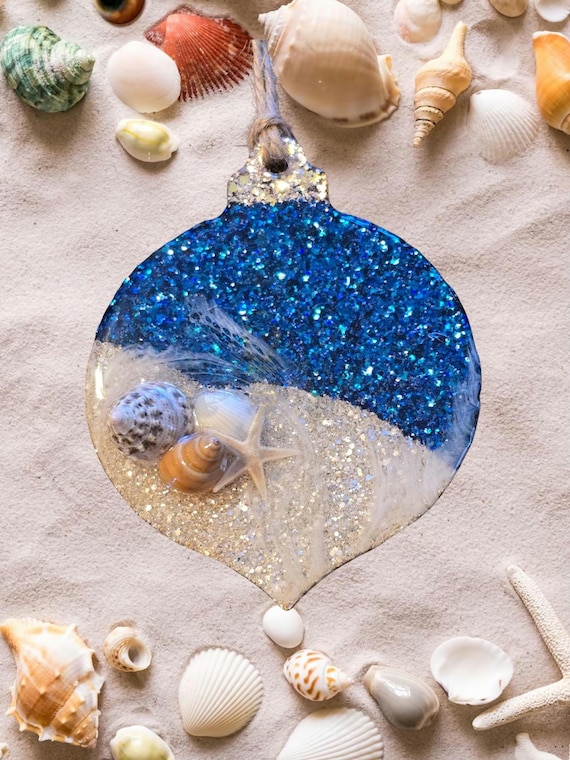 Epoxy Ocean Ornament, shells, glitter, ocean waves, acrylic blank