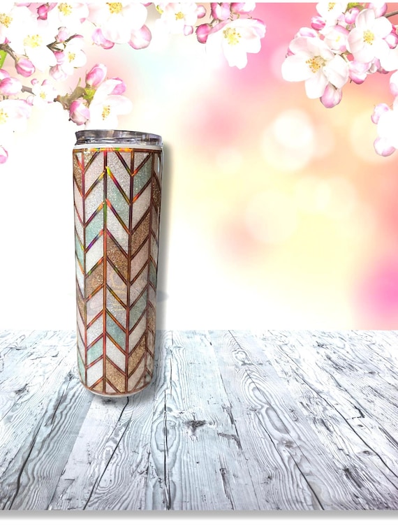 Spring Tanagram glitter hand striped one of a kind Tumbler 30 oz