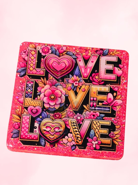 4" Coaster, Bright Punk, Blues, Greens, Yellow, Love Love Love, Floral, Valentines, gift, Mother's Day