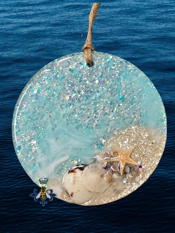 Epoxy Ocean Ornament, shells, glitter, ocean waves, three inches diameter