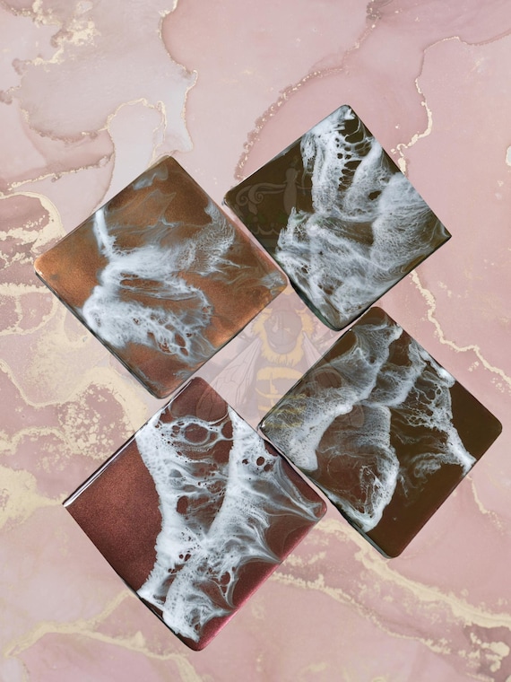 Set of Four Art Coasters chameleon maroon to green to gold with white cells