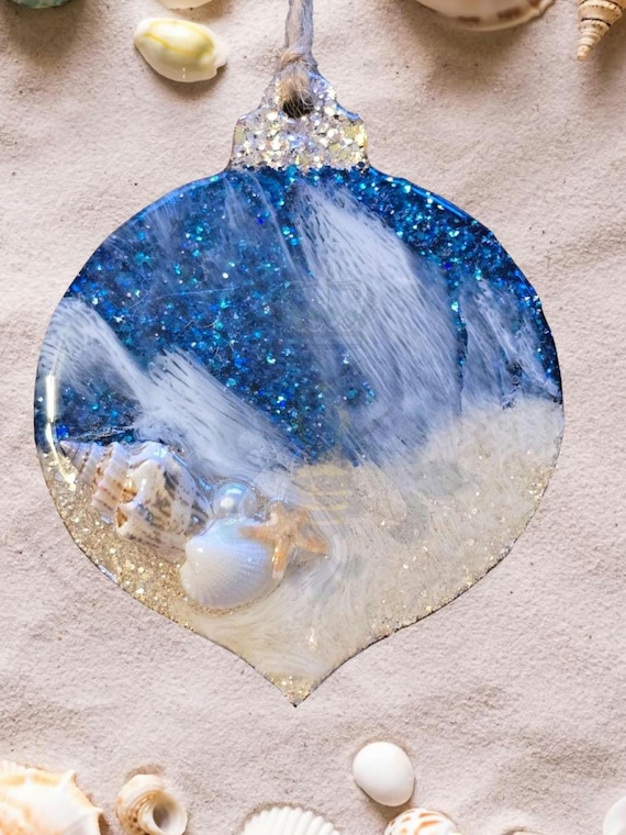 Epoxy Ocean Ornament, shells, glitter, ocean waves, acrylic blank