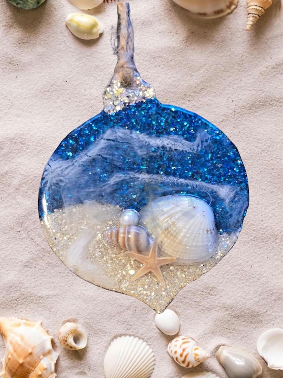 Epoxy Ocean Ornament, shells, glitter, ocean waves, acrylic blank