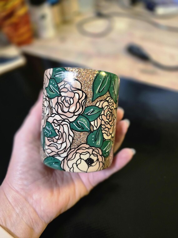 4 oz, Lowball, Stainless Steel, Tumbler, glitter, handpainted, Floral, Roses, Free Shipping